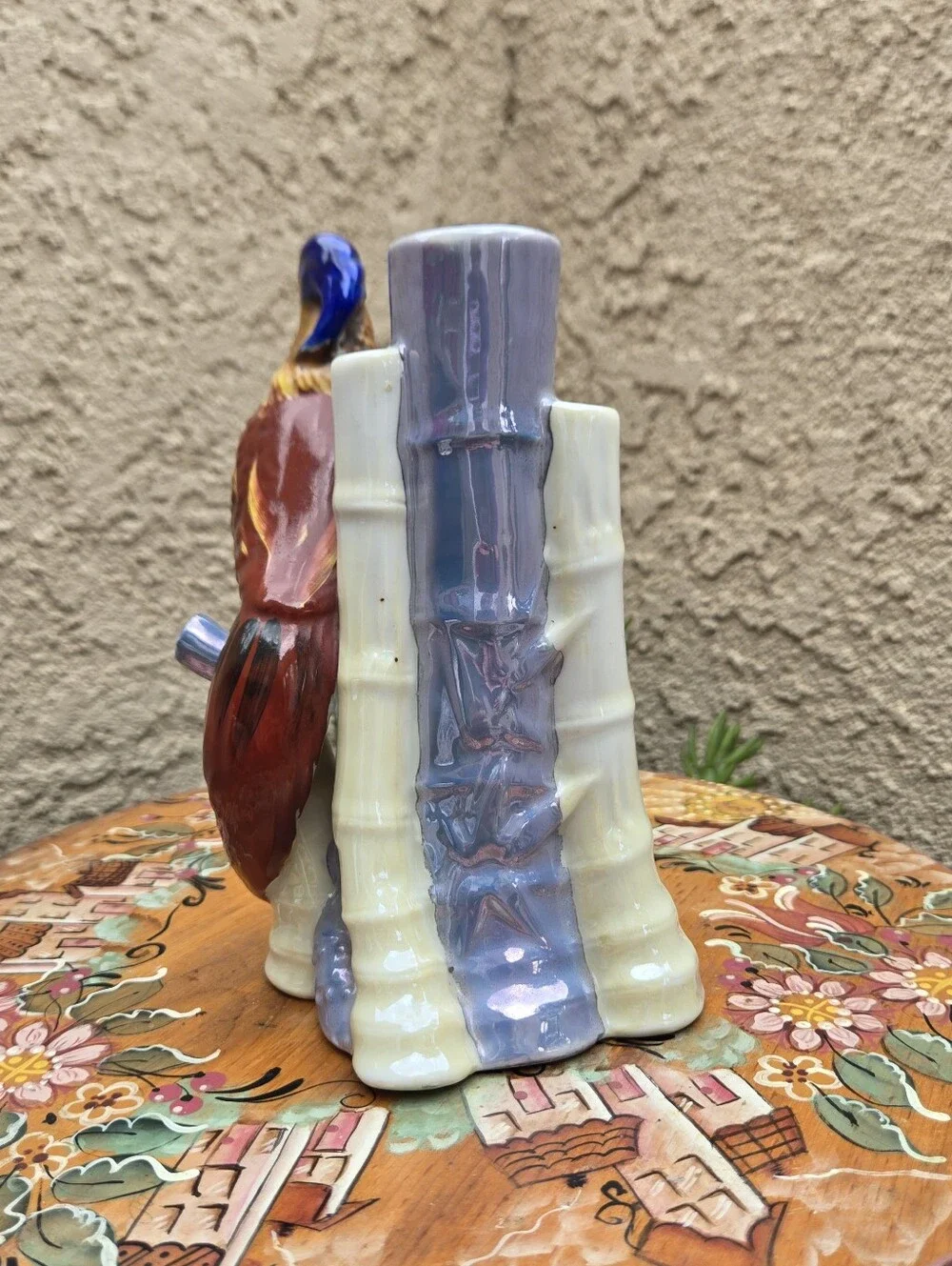 Vtg Japanese Lusterware Ceramic Parrot Bamboo Bud Vase Made in Japan Porcelain